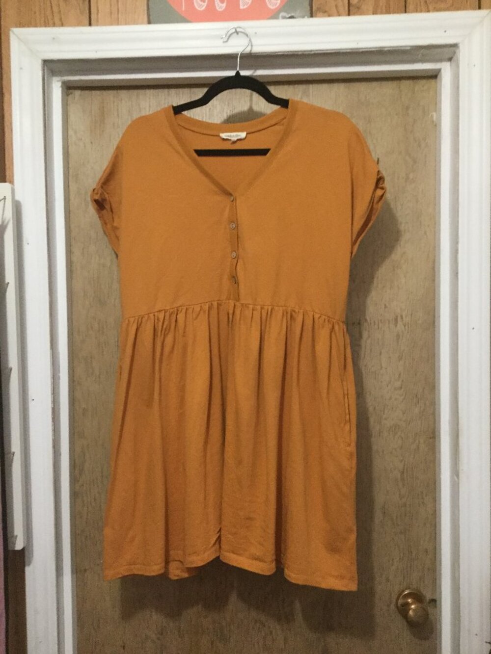 Cotton Bleu gold colored mini dress with pockets 100% cotton button front top